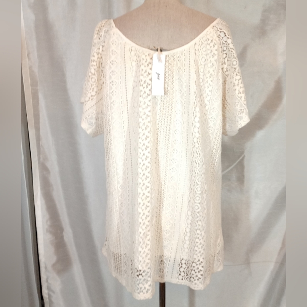 gnw TAG lace Top, Ivory short sleeve, see through top layer/lined Round Neck, 1X